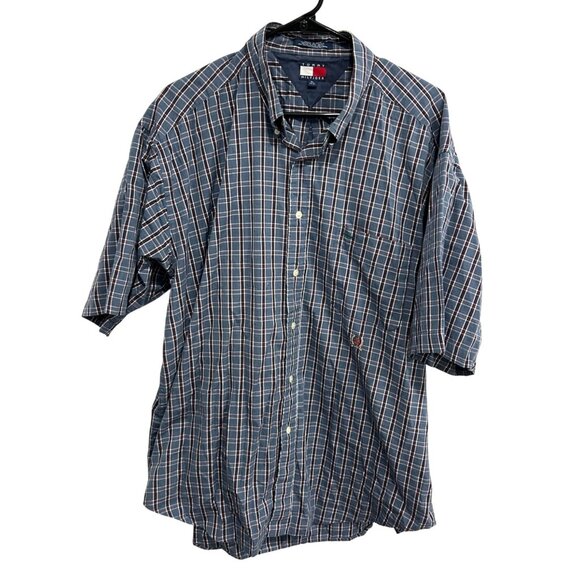 Tommy Hilfiger Plaid Short-Sleeve Button-Down Shirt Cotton Blue Red Sz XL - Picture 1 of 8